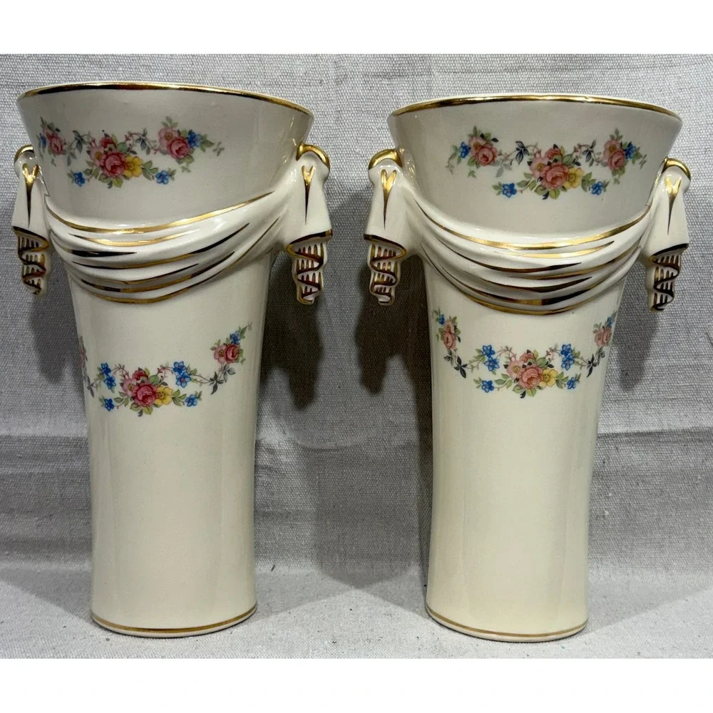 Vintage 1950s Floral Ceramic Mantel Vases Gold Gilt Draped Swag Pair P-133